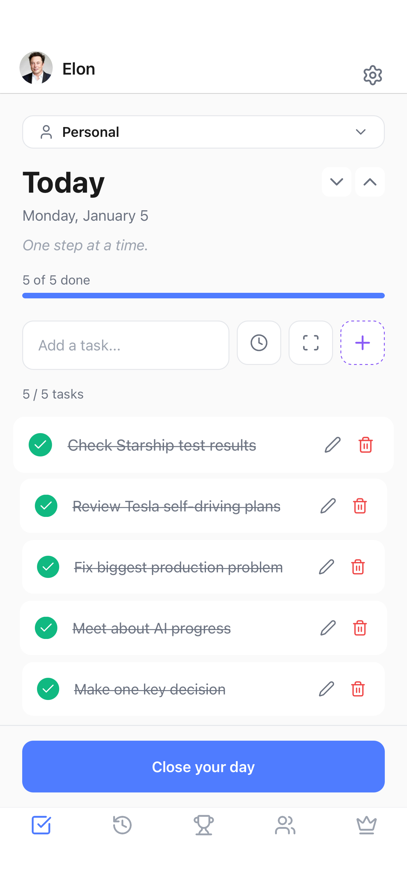 Tasks screen